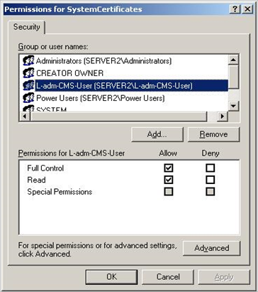 Select User or Group dialog box with L-adm-CMS-User group selected in the Group or user names section and where you can set various permissions